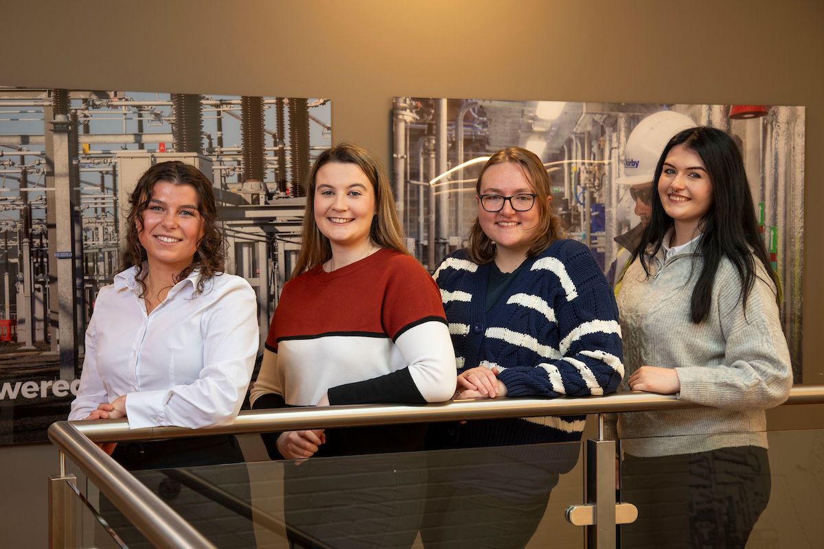 (l to r) Anna Carr, a student of Mechanical Engineering at University of Galway, Alannah O’Connell who is studying Renewable and Electrical Engineering at TU Shannon; Ciara McMillan, a student of Electrical Engineering at SETU; and Leah McElvaney who is studying Mechanical Engineering student at ATU Sligo, pictured at Kirby’s Headquarters in Limerick for the launch of its second bursary scheme. 
Photo: Alan Place