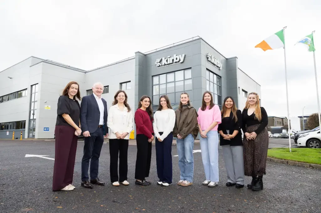 Pictured outside Kirby’s headquarters in Limerick are (l-r) Group Electrical Engineering Manager Amy Lane, Chief Operations Officer John Grogan, Female Bursary recipients Emilia Hildebrand, Sarah Coyle, Caoimhe Flynn, Meadhbh Hurley and Aisling Costelloe, Graduate Electrical Engineer Rosa Condori and HR Graduate Hannah Keogh. Photo: Alan Place